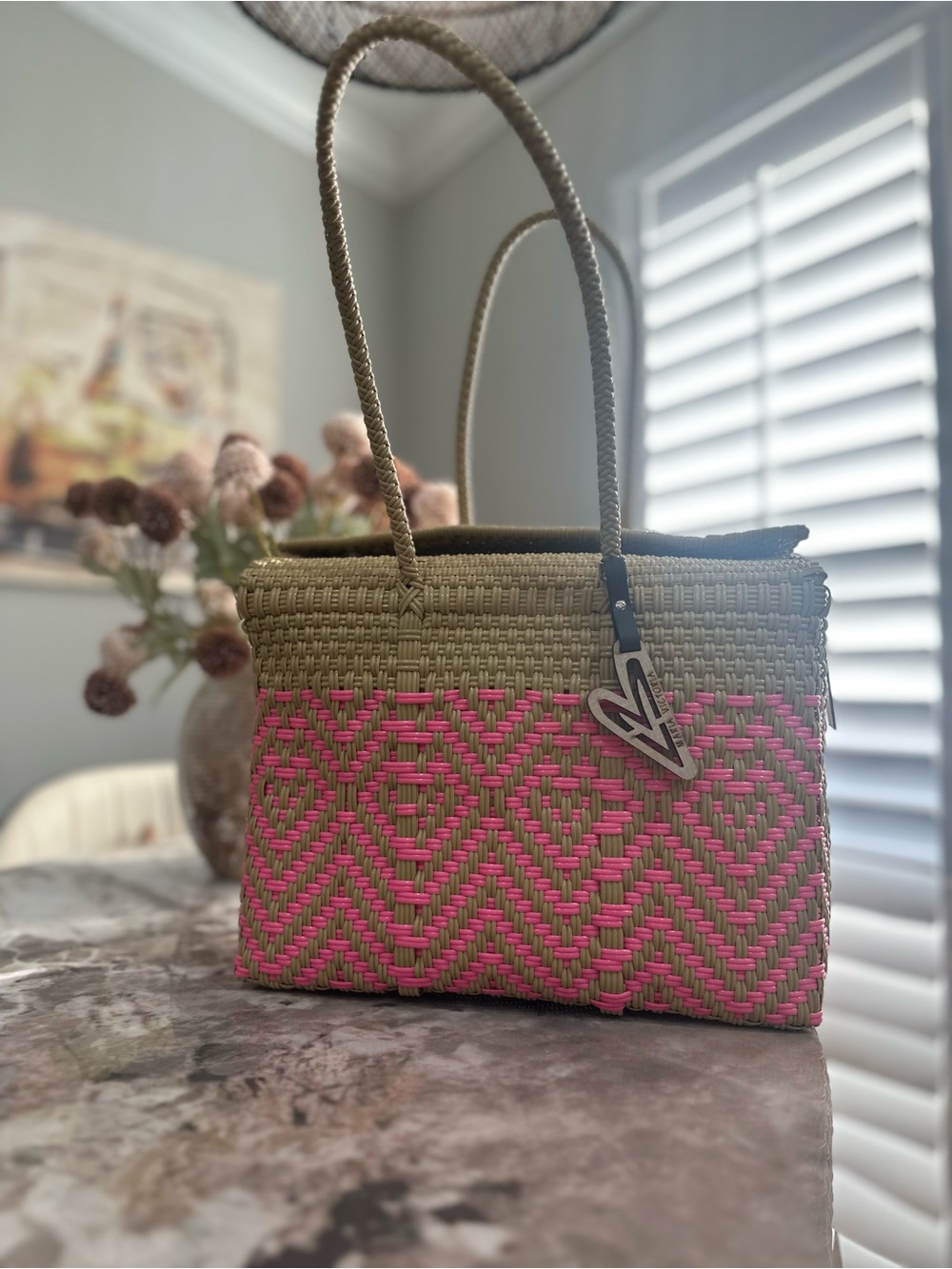 Maria Victoria Olive and Pink Tote Bag - Handheld Straw Shoulder Bag - Picture 2 of 6